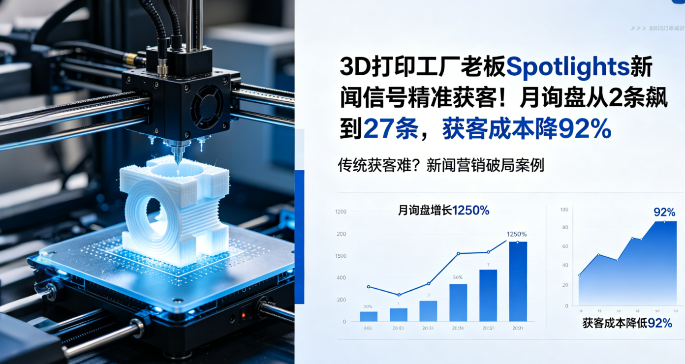 3D打印工厂老板Spotlights新闻信号精准获客！月询盘从2条飙到27条，获客成本降92%