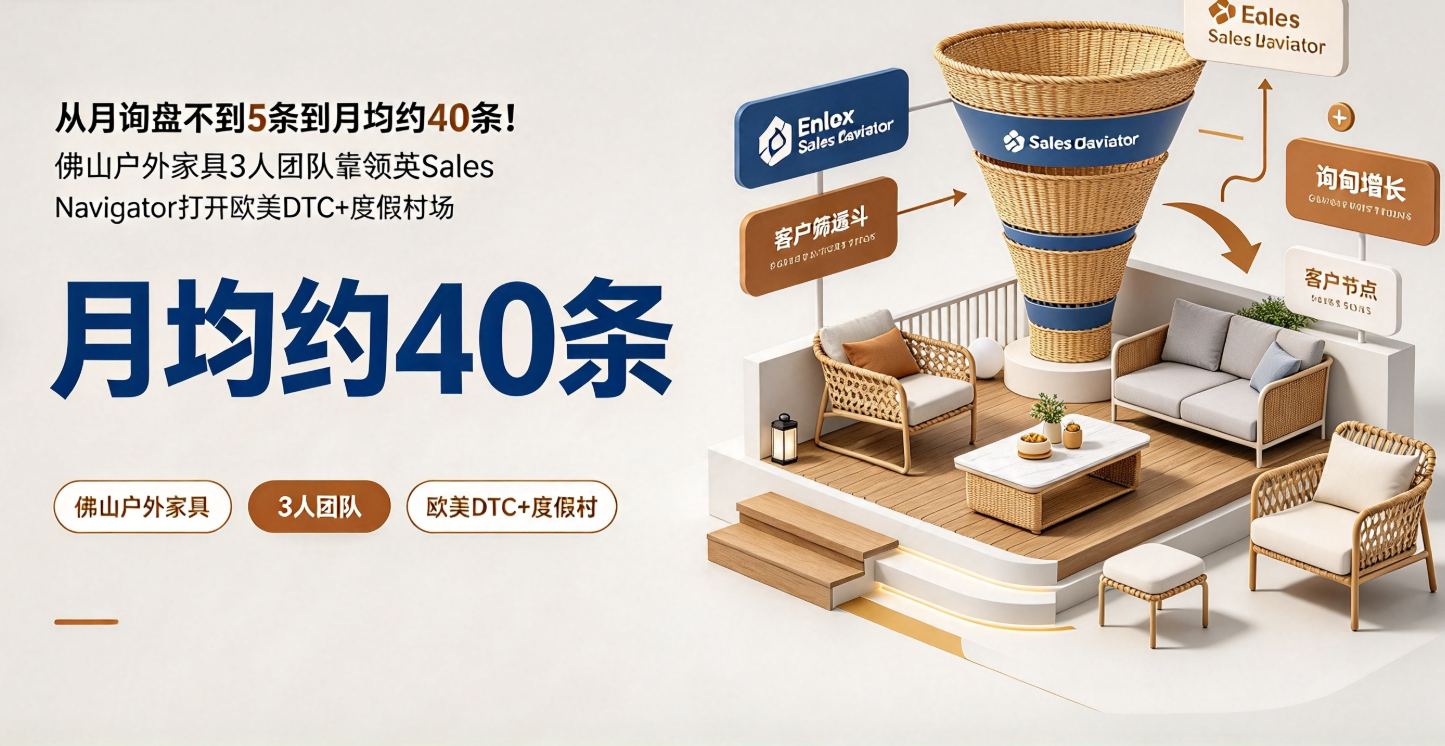 从月询盘不到5条到月均约40条！佛山户外家具3人团队靠领英Sales Navigator打开欧美DTC+度假村市场